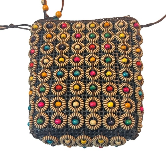 3/$30 MULTICOLOR WOOD BEAD CROSSBODY SHOULDER MINI BAG POUCH COCONUT SHELL BOHO - Picture 4 of 10